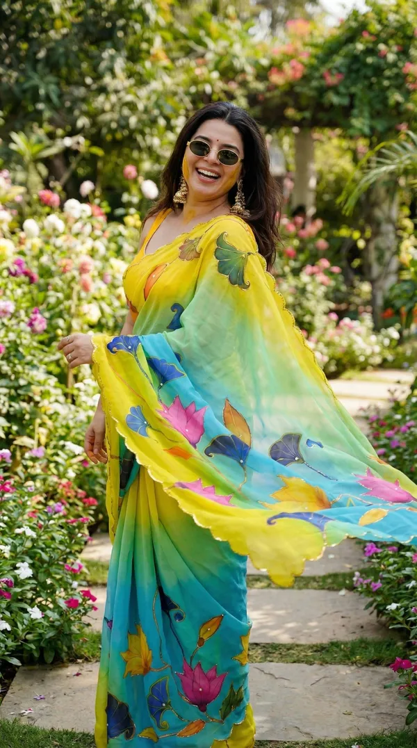 Yellow_And_Green_Ombre_Floral_Georgette_Saree_With_Delicate_Hand_Work_&_Blouse_Piece