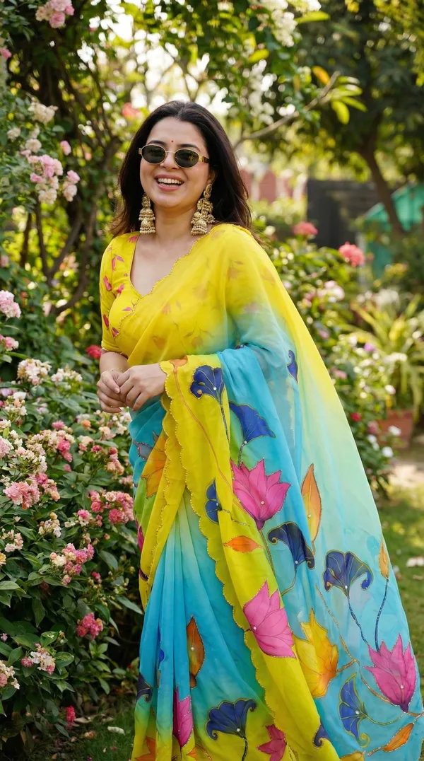 Yellow_And_Green_Ombre_Floral_Georgette_Saree_With_Delicate_Hand_Work_&_Blouse_Piece