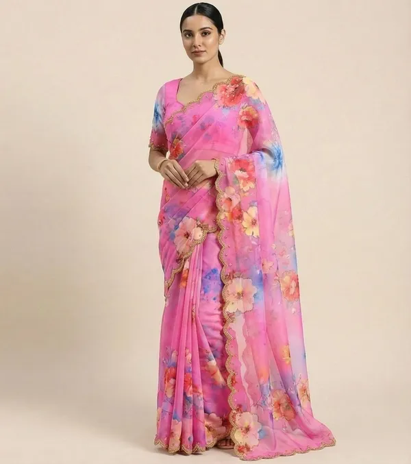 Bubblegum_Pink_Georgette_Floral_Print_Hand_Work_Saree_With_Heavy_Border_&_Blouse_Piece