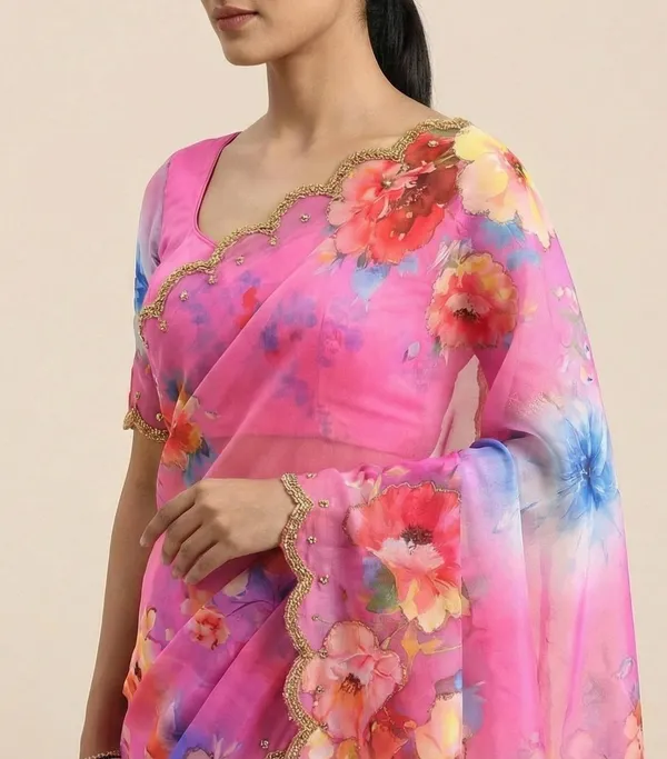 Bubblegum_Pink_Georgette_Floral_Print_Hand_Work_Saree_With_Heavy_Border_&_Blouse_Piece