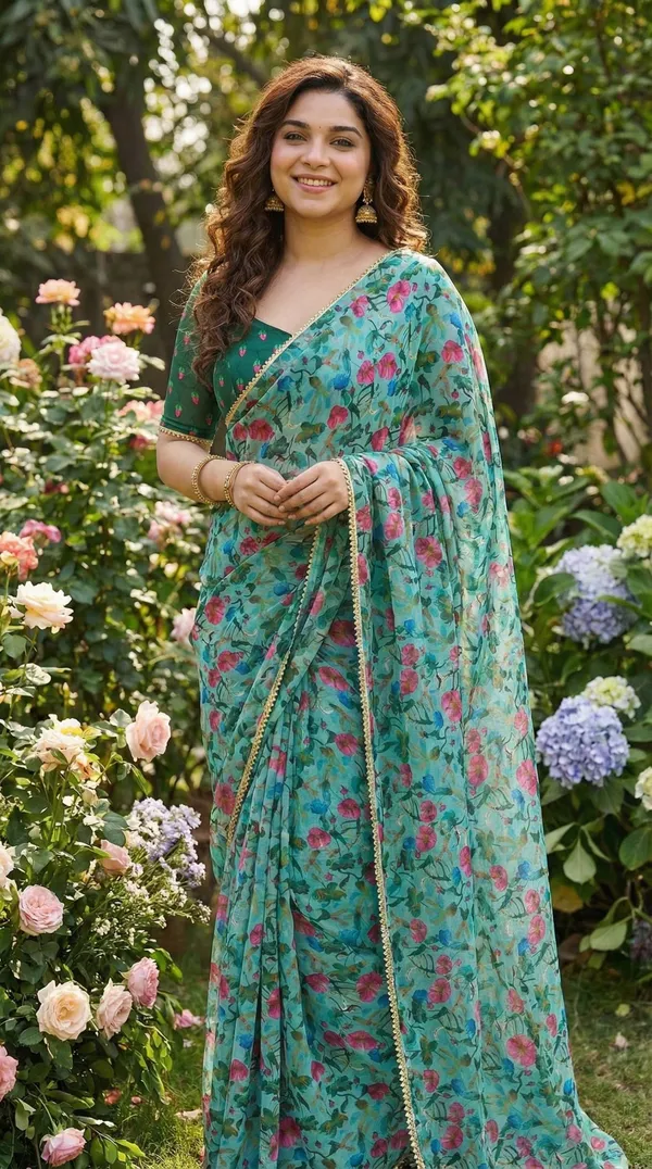 Sage_Green_Floral_Georgette_Saree_With_Heavy_Border_&_Blouse_Piece