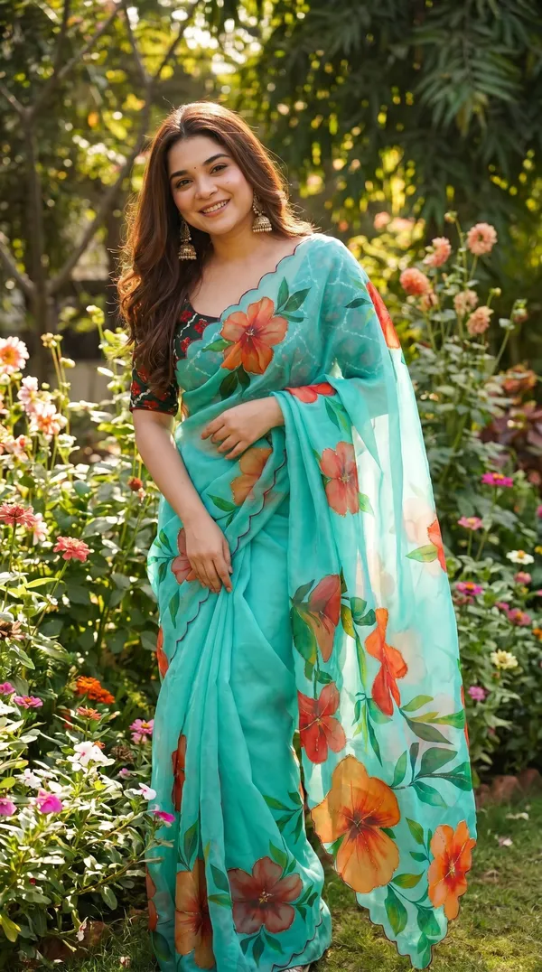 Teal_Green_Floral_Georgette_Saree_With_Delicate_Hand_Work_&_Blouse_Piece