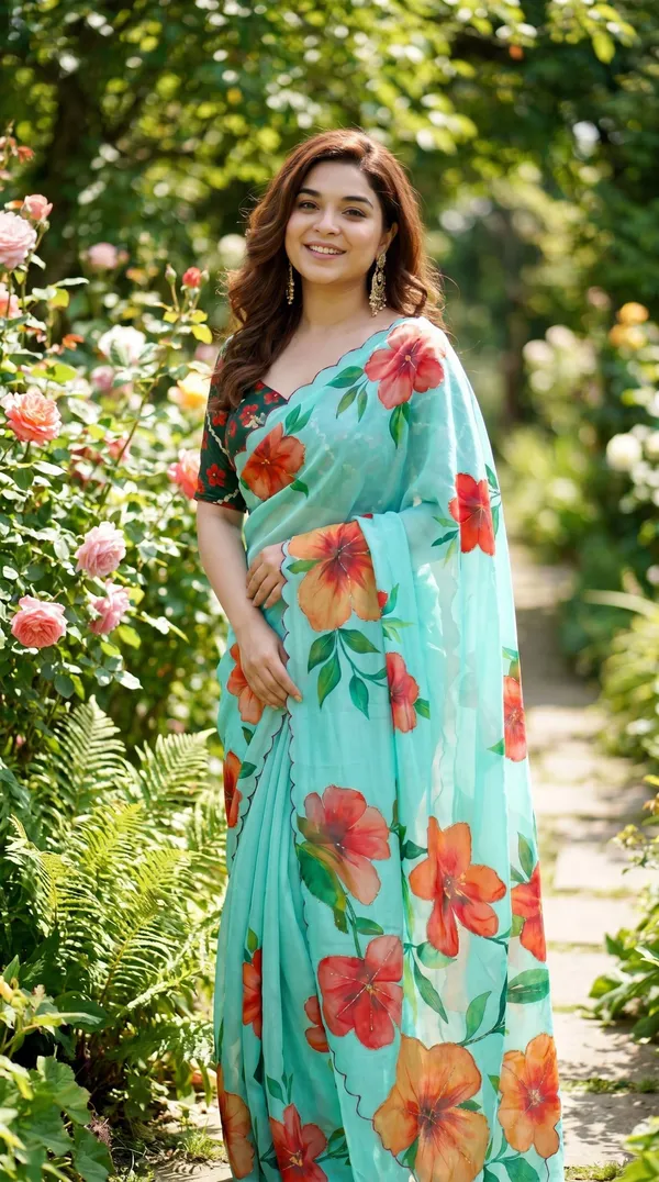 Teal_Green_Floral_Georgette_Saree_With_Delicate_Hand_Work_&_Blouse_Piece