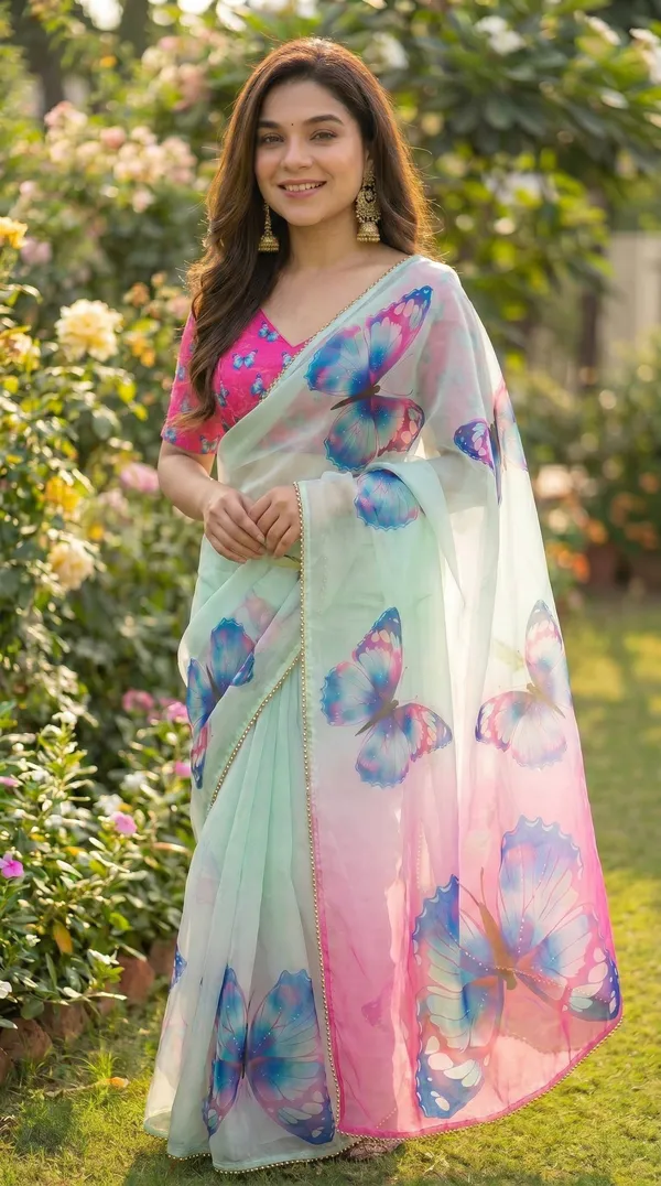 Mint_Green_And_Pink_Butterfly_Print_Georgette_Saree_With_Pearl_Border_&_Blouse_Piece