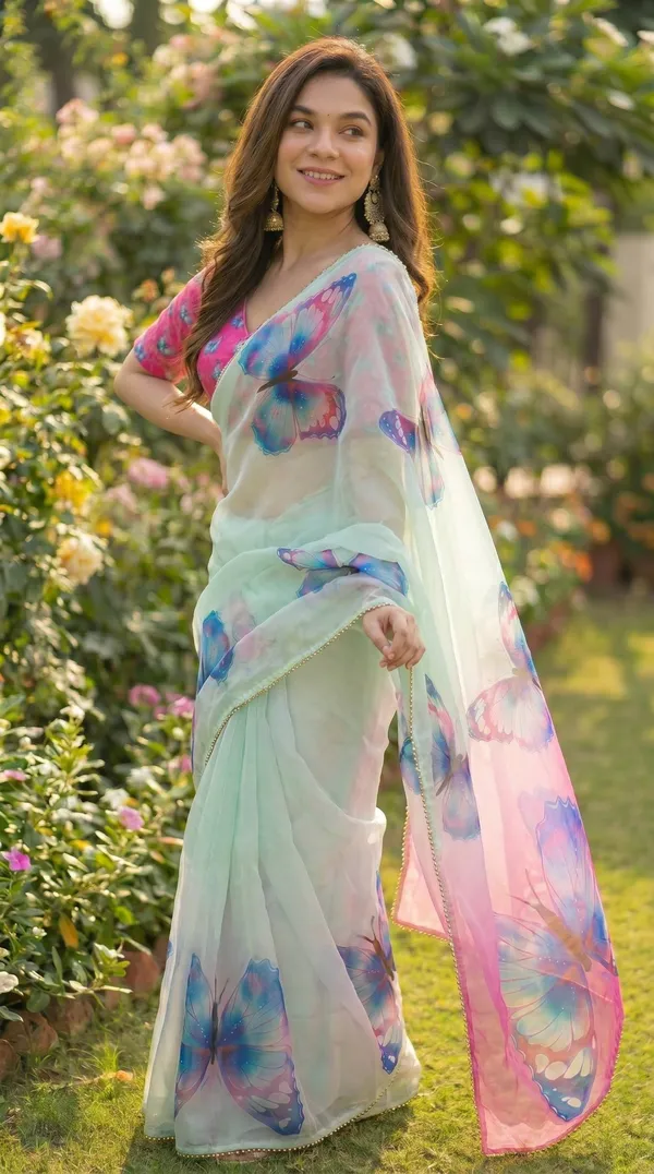 Mint_Green_And_Pink_Butterfly_Print_Georgette_Saree_With_Pearl_Border_&_Blouse_Piece