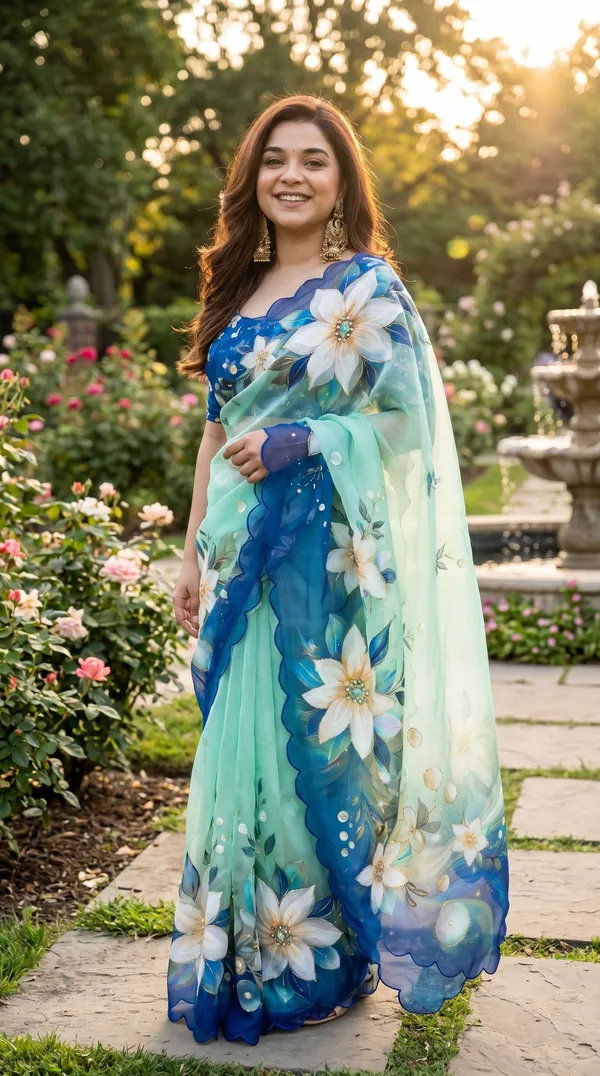 Aqua_Blue_Floral_Georgette_Saree_With_Delicate_Hand_Work_&_Blouse_Piece