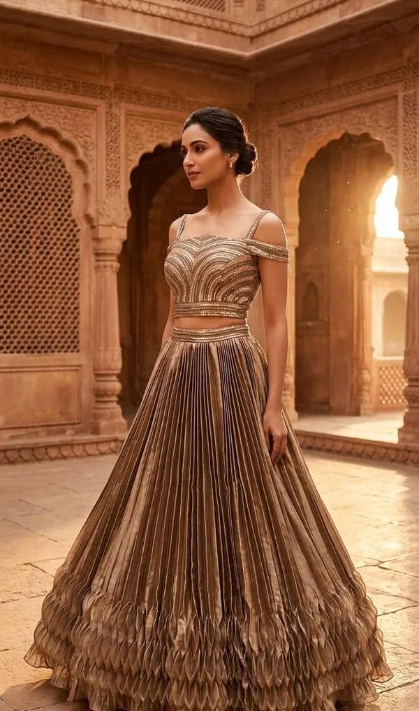 Champagne_Gold_Off-Shoulder_Pleated_Lehenga_with_Handwork
