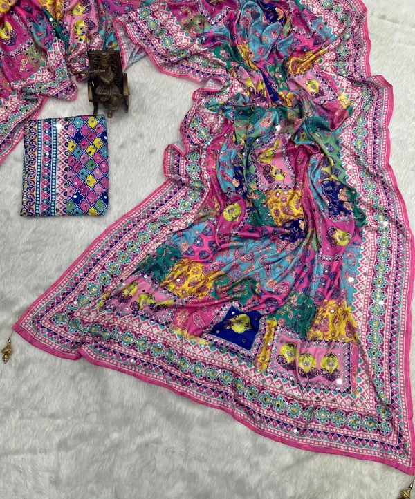 Chunri_Bloom_Mosaic_Mirror_Chinnon_Silk_Saree_with_Hand_work_&_Blouse_Piece