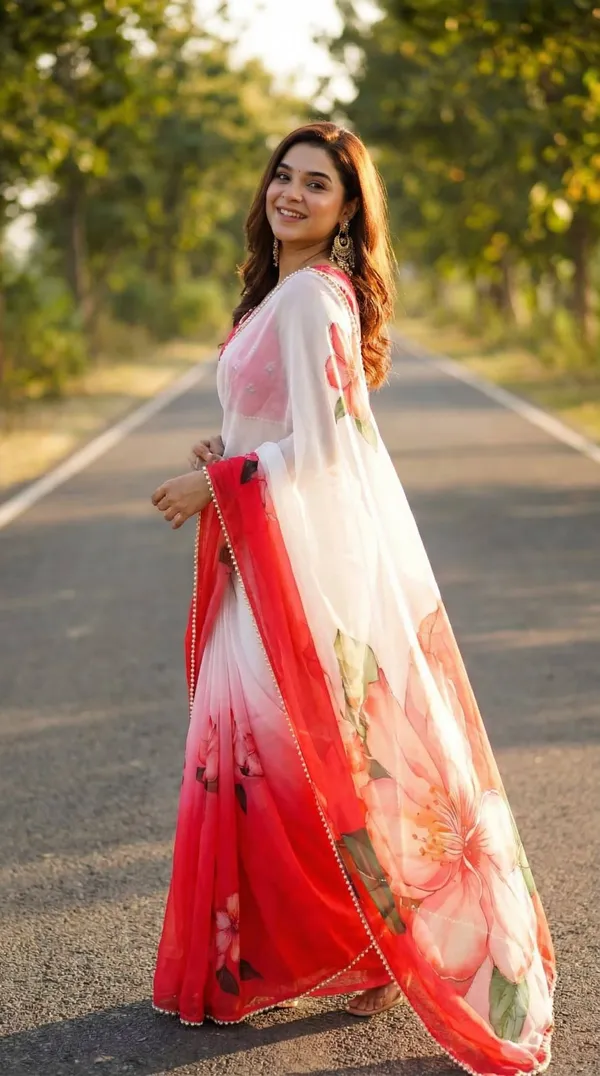 White_And_Coral_Red_Ombre_Georgette_Floral_Print_Hand_Work_Saree_With_Heavy_Border_&_Blouse_Piece