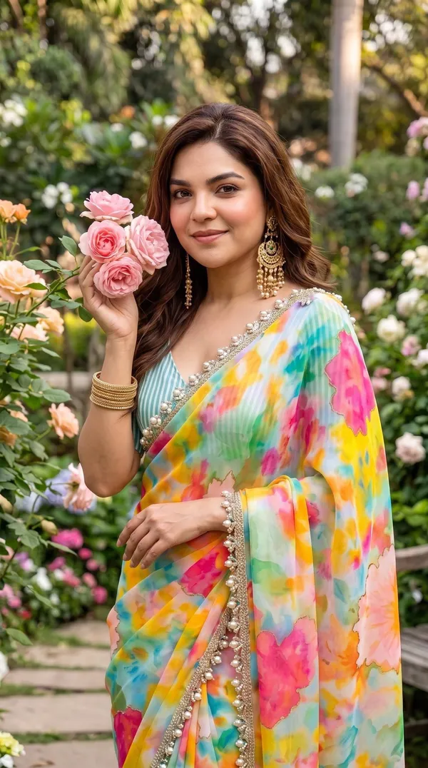 Coral_Rose_Garden_Digital_Print_Handwork_Saree_With_Heavy_Border_&_Blouse_Piece