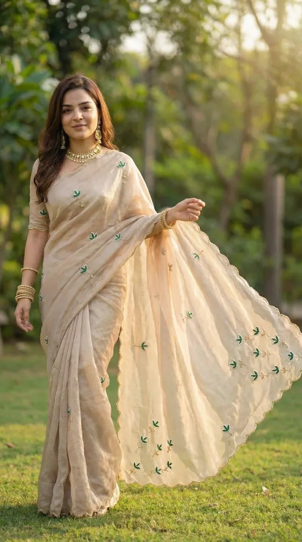 Champagne_Beige_Space_Silk_Saree_with_Handwork_&_Blouse_Piece