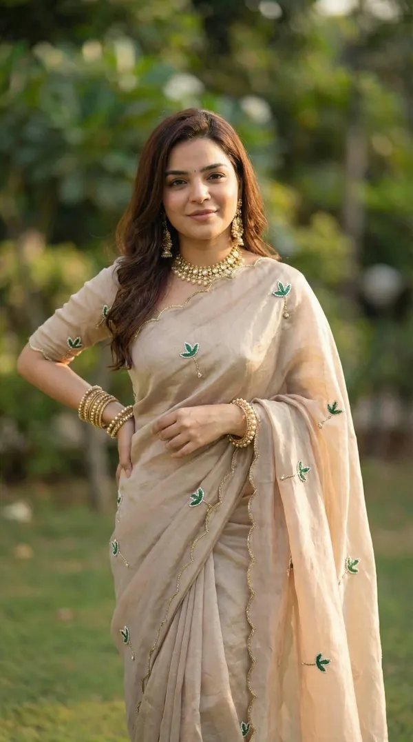 Champagne_Beige_Space_Silk_Saree_with_Handwork_&_Blouse_Piece