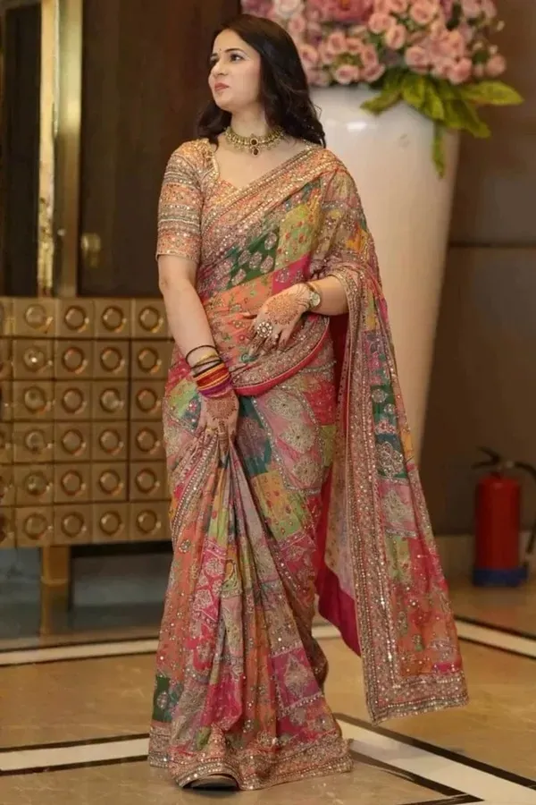 Rajwadi_Patchwork_Chinnon_Silk_Saree_with_Hand_work_&_Blouse_Piece