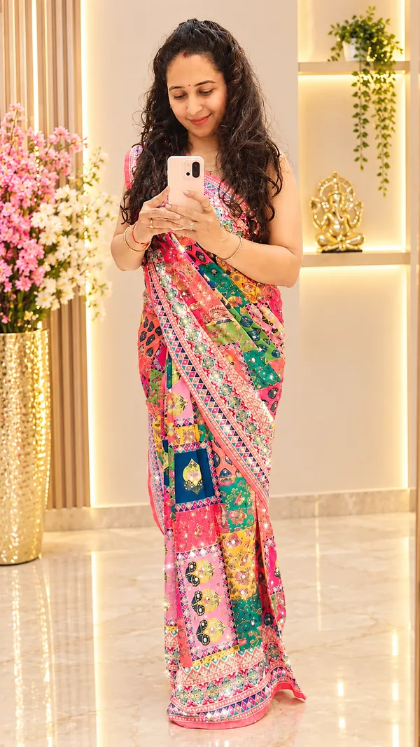 Rajwadi_Patchwork_Chinnon_Silk_Saree_with_Hand_work_&_Blouse_Piece