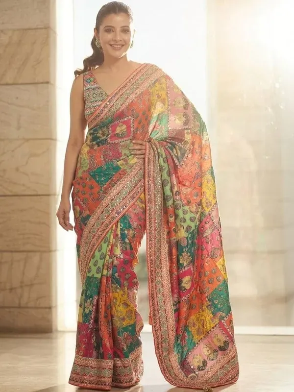 Rajwadi_Patchwork_Chinnon_Silk_Saree_with_Hand_work_&_Blouse_Piece