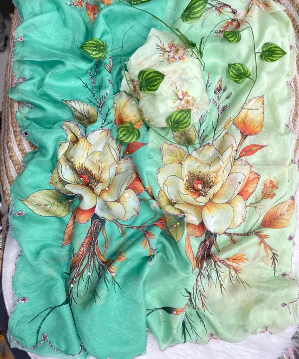 Emerald_Bloom_Chinon_Silk_Khatli_Saree_with_Hand_work_&_Blouse_Piece
