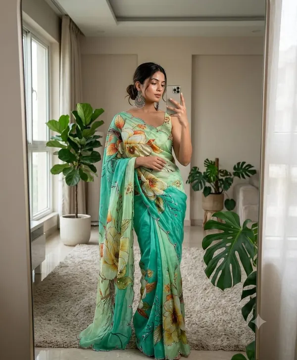 Emerald_Bloom_Chinon_Silk_Khatli_Saree_with_Hand_work_&_Blouse_Piece