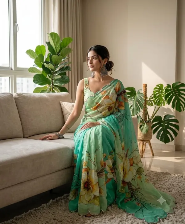 Emerald_Bloom_Chinon_Silk_Khatli_Saree_with_Hand_work_&_Blouse_Piece