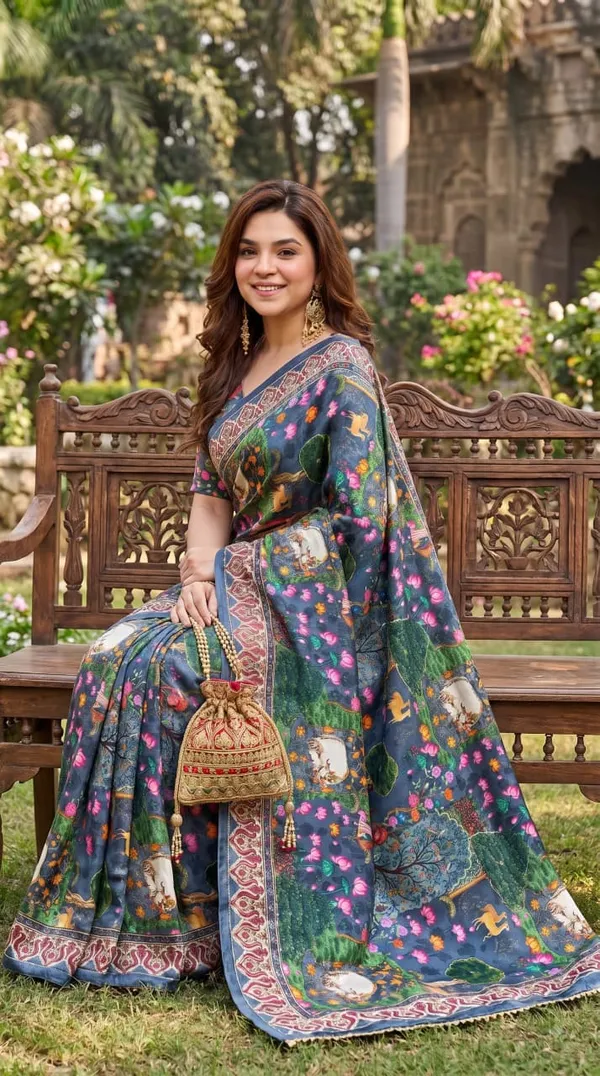 Blue-Grey_Pichwai_Garden_Katdana_Chinnon_Silk_Saree_with_Hand_work_&_Blouse_Piece