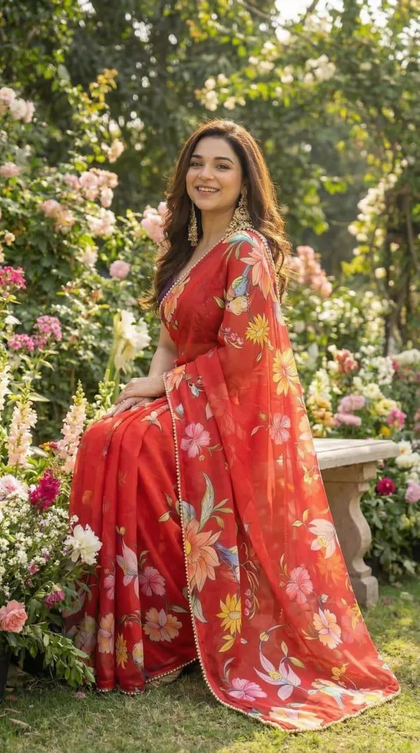 Fiery_Red_Floral_Georgette_Saree_With_Heavy_Border_&_Blouse_Piece