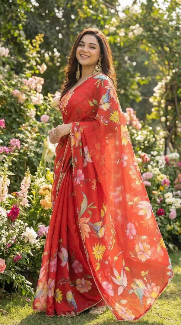 Fiery_Red_Floral_Georgette_Saree_With_Heavy_Border_&_Blouse_Piece