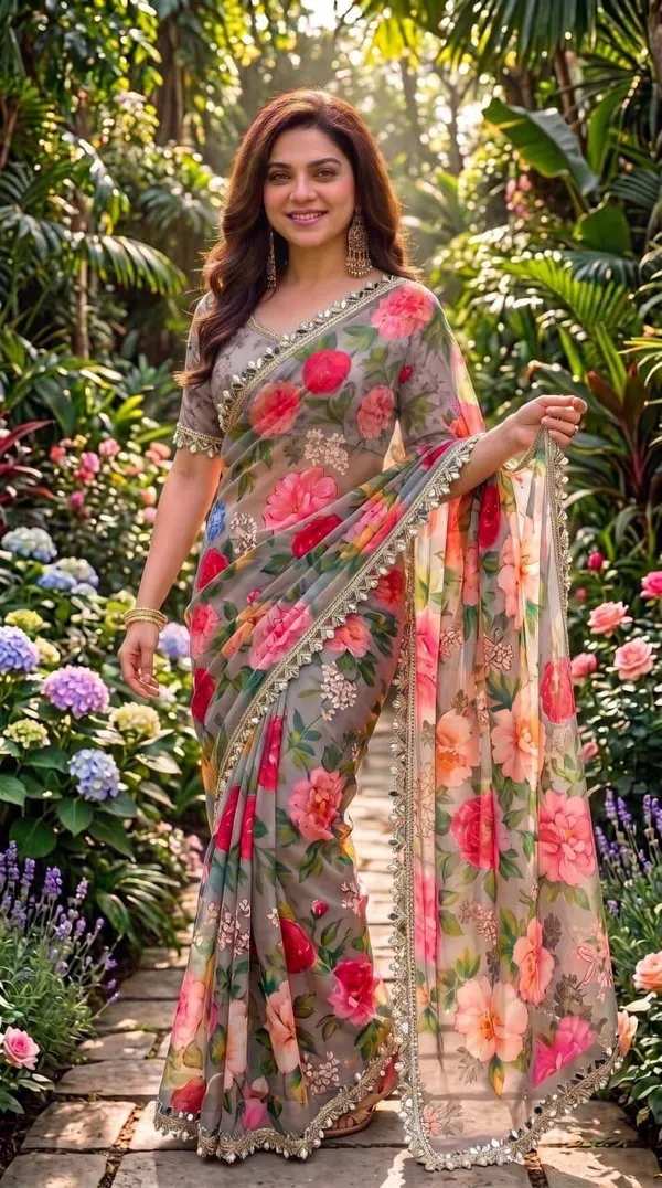 Grey_Rose_Digital_Print_Khatli_Handwork_Saree_With_Heavy_Border_&_Blouse_Piece