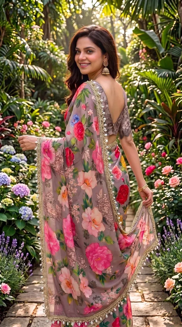 Grey_Rose_Digital_Print_Khatli_Handwork_Saree_With_Heavy_Border_&_Blouse_Piece