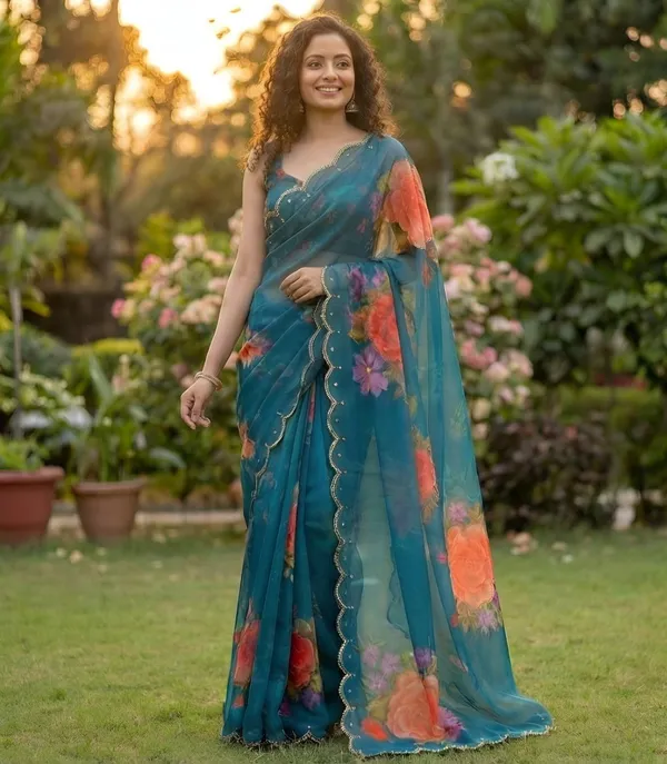 Peacock_Teal_Georgette_Floral_Print_Hand_Work_Saree_With_Heavy_Border_&_Blouse_Piece