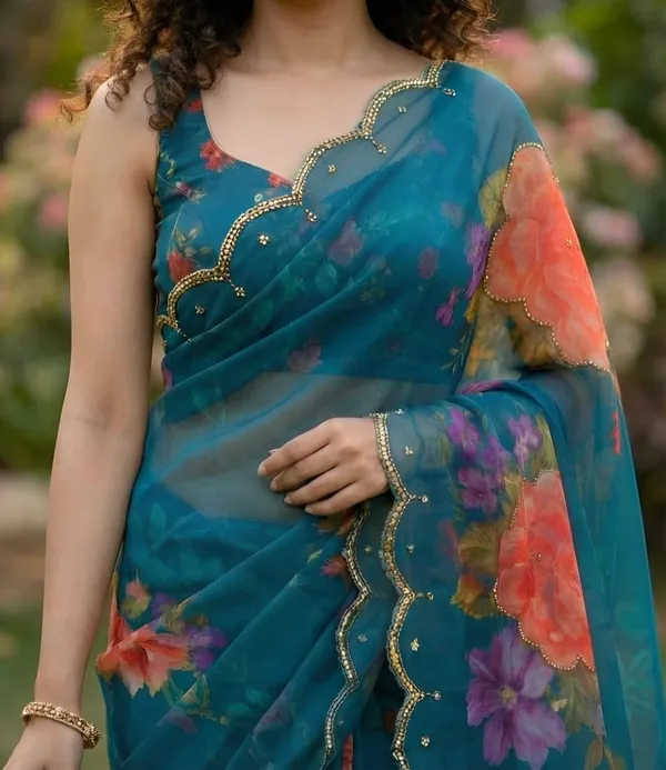 Peacock_Teal_Georgette_Floral_Print_Hand_Work_Saree_With_Heavy_Border_&_Blouse_Piece