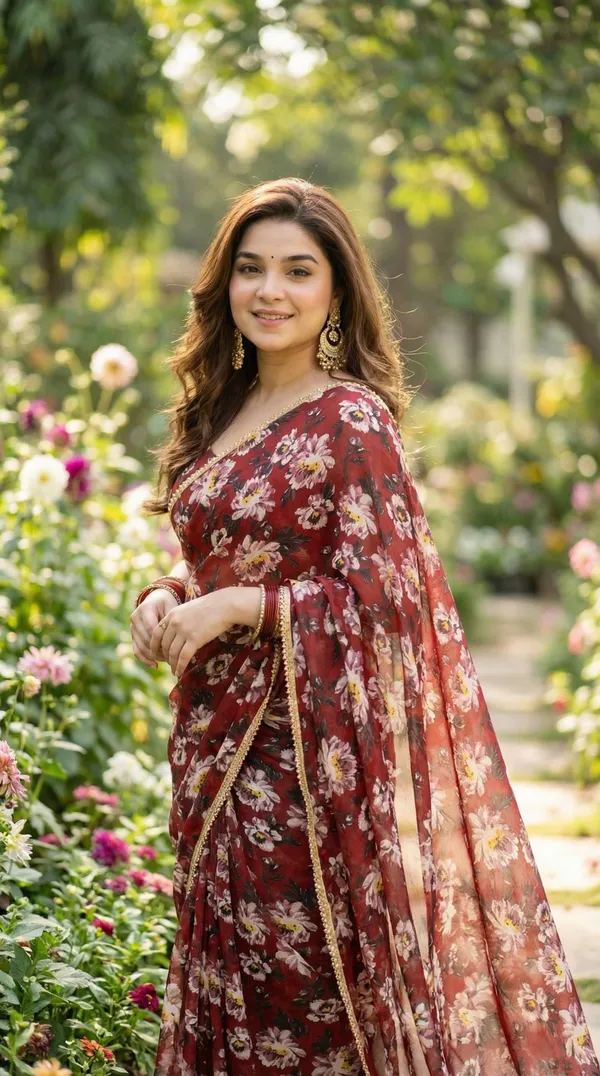 Chocolate_Maroon_Floral_Georgette_Saree_With_Gold_trim_Border_&_Blouse_Piece