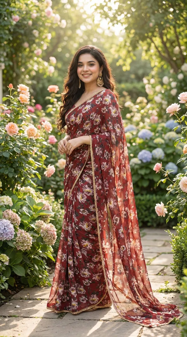 Chocolate_Maroon_Floral_Georgette_Saree_With_Gold_trim_Border_&_Blouse_Piece