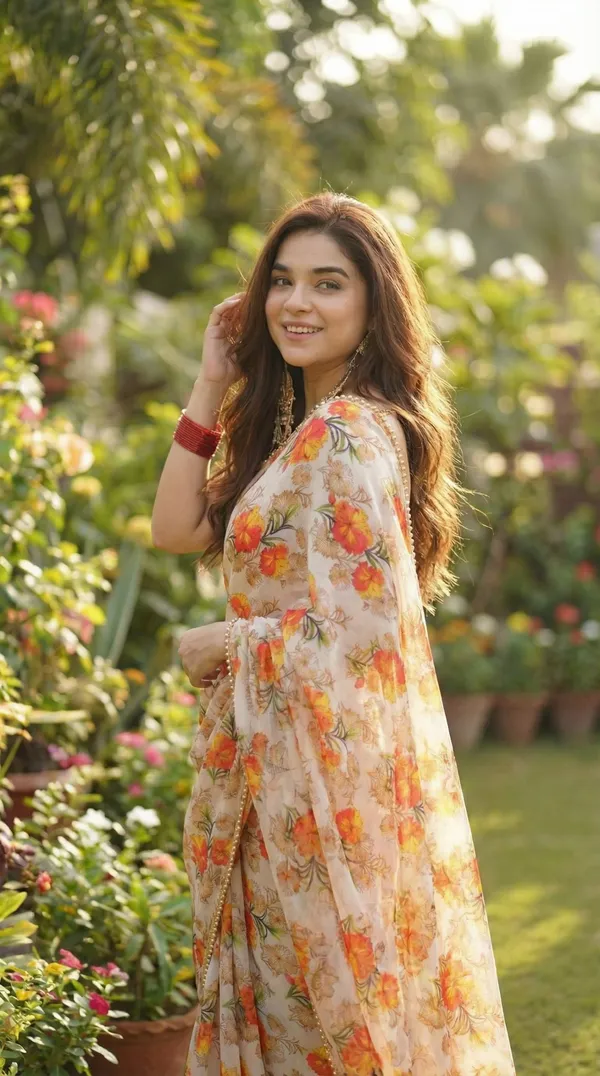 Cream_Floral_Georgette_Saree_With_Heavy_Border_&_Blouse_Piece