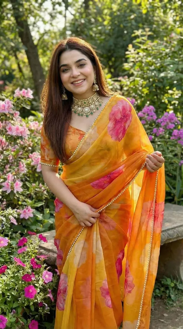 Mustard_Yellow_Floral_Georgette_Saree_With_Heavy_Border_&_Blouse_Piece