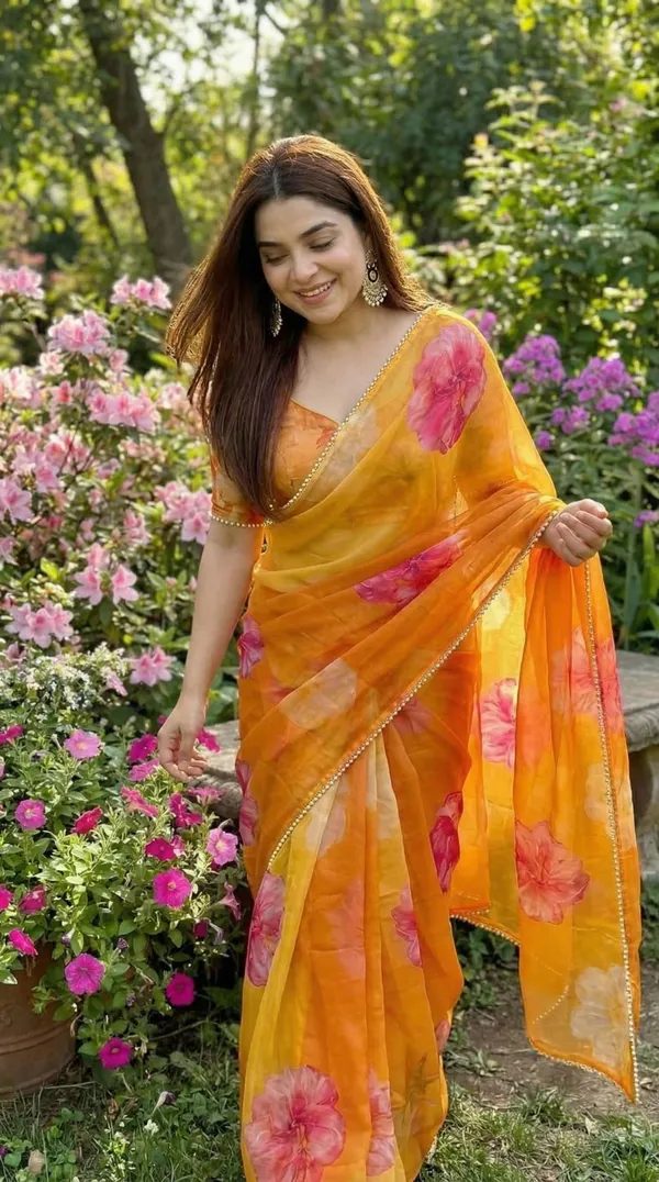 Mustard_Yellow_Floral_Georgette_Saree_With_Heavy_Border_&_Blouse_Piece