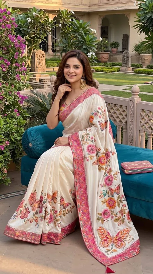 Ivory_Butterfly_Garden_Chinon_Silk_Saree_with_Mirror_work_&_Blouse_Piece