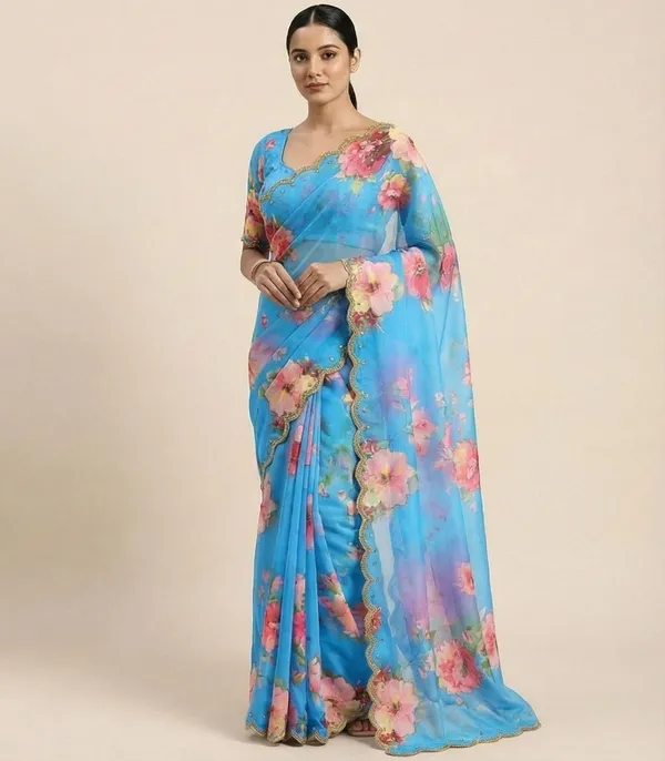 Sky_Blue_Georgette_Floral_Print_Hand_Work_Saree_With_Heavy_Border_&_Blouse_Piece
