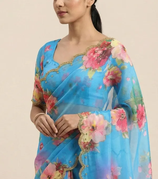 Sky_Blue_Georgette_Floral_Print_Hand_Work_Saree_With_Heavy_Border_&_Blouse_Piece