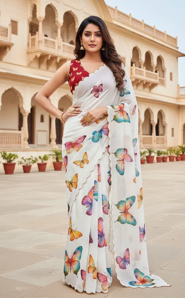 White_Butterfly_Georgette_Saree_With_Hand_Work_&_Blouse_Piece