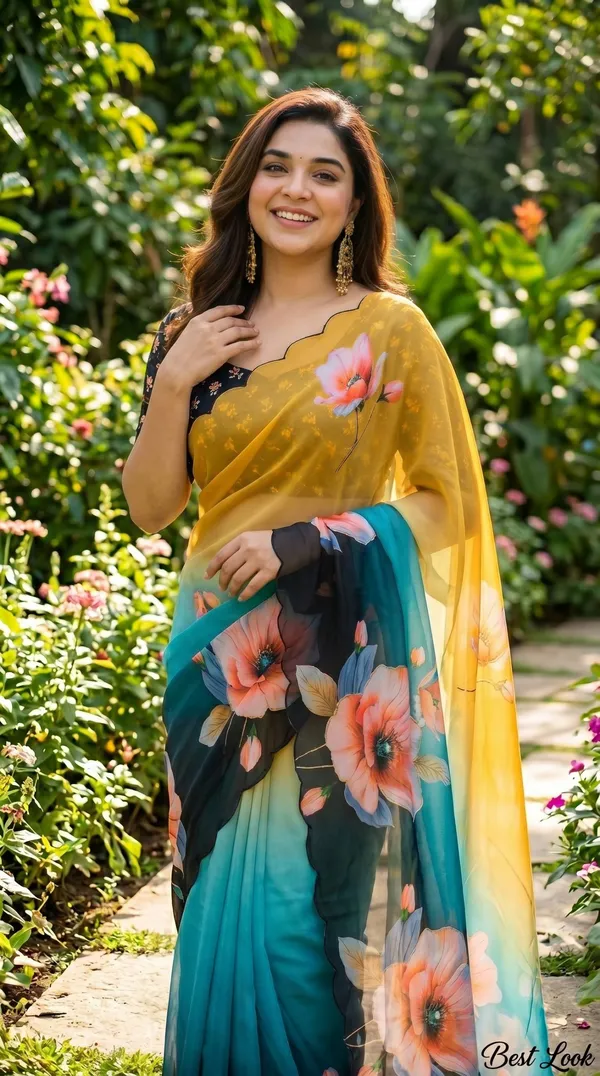 Teal_And_Yellow_Ombre_Floral_Georgette_Saree_With_Delicate_Hand_Work_&_Blouse_Piece