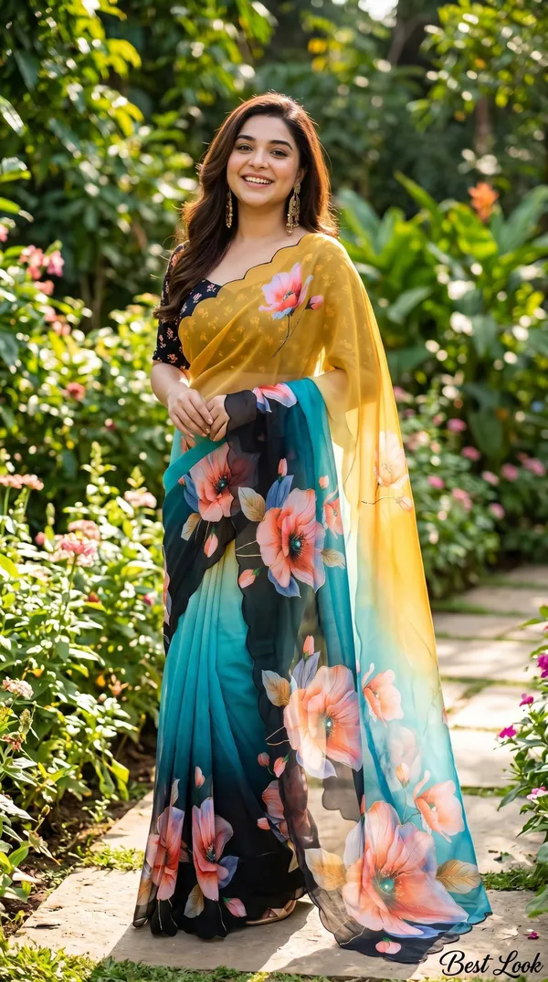 Teal_And_Yellow_Ombre_Floral_Georgette_Saree_With_Delicate_Hand_Work_&_Blouse_Piece