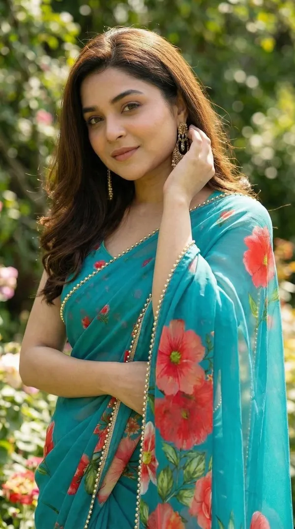 Turquoise_Blue_Floral_Georgette_Saree_With_Heavy_Border_&_Blouse_Piece