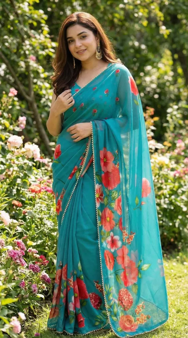 Turquoise_Blue_Floral_Georgette_Saree_With_Heavy_Border_&_Blouse_Piece