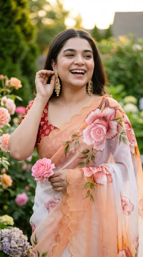 White_And_Peach_Floral_Georgette_Saree_With_Delicate_Hand_Work_&_Blouse_Piece