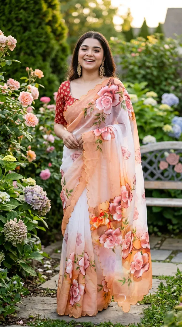 White_And_Peach_Floral_Georgette_Saree_With_Delicate_Hand_Work_&_Blouse_Piece