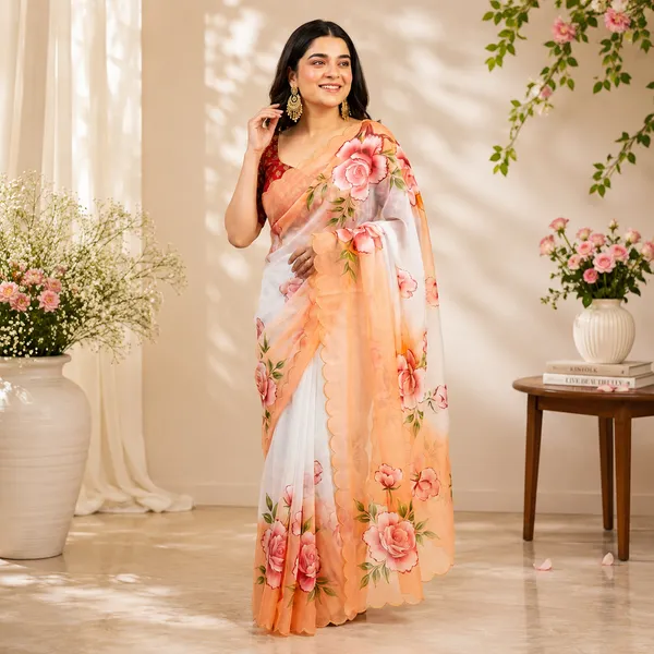 White_And_Peach_Floral_Georgette_Saree_With_Delicate_Hand_Work_&_Blouse_Piece