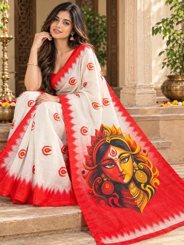 Maa_Durga_Digital_Print_Chanderi_Cotton_Saree_with_Blouse_Piece