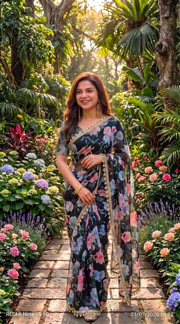 Midnight_Rose_Garden_Digital_Print_Handwork_Saree_With_Heavy_Border_&_Blouse_Piece