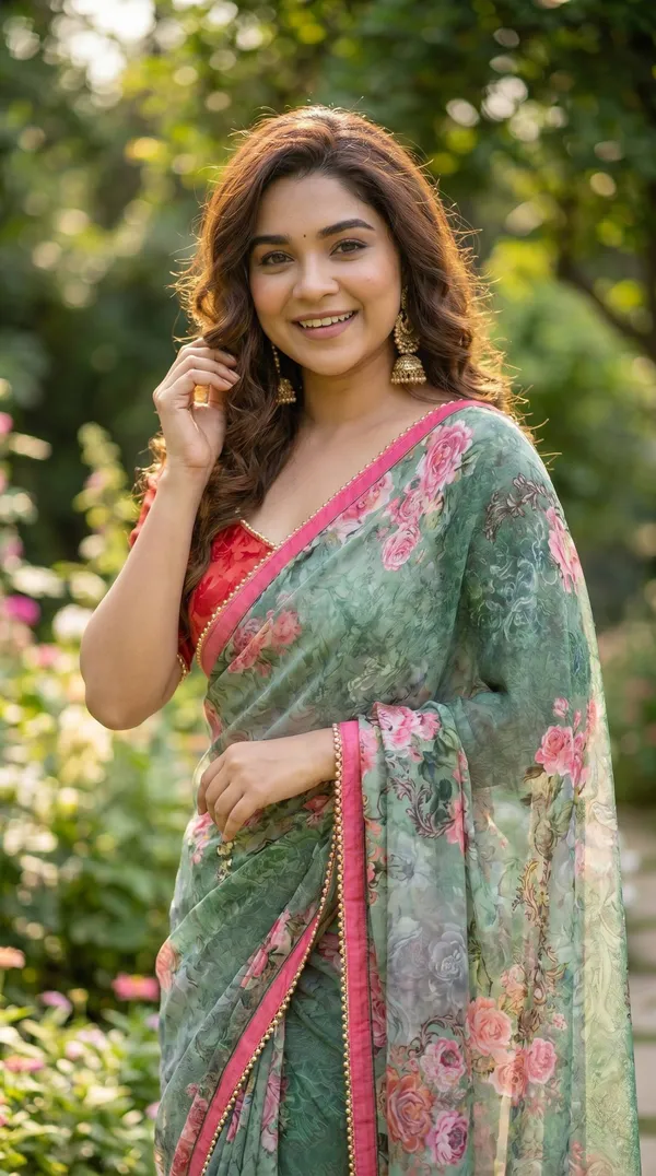 Olive_Green_Floral_Georgette_Saree_With_Heavy_Border_&_Blouse_Piece