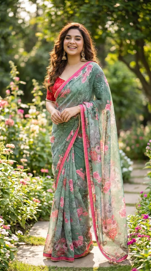 Olive_Green_Floral_Georgette_Saree_With_Heavy_Border_&_Blouse_Piece