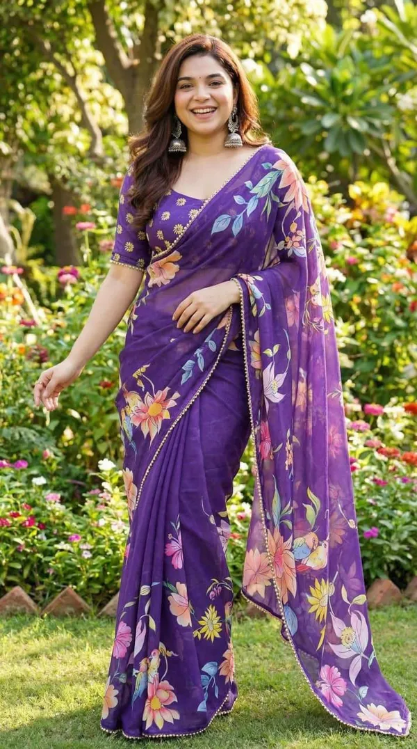 Violet_Purple_Floral_Georgette_Saree_With_Heavy_Border_&_Blouse_Piece